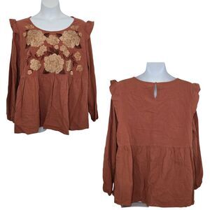 Savanna Jane Floral Embroidered Burnt Orange Long Sleeve Peasant Top Size 3X NWT